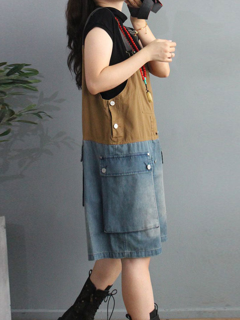 Cargo Pocket Short Dungaress - Color Block Knee-Length Fit