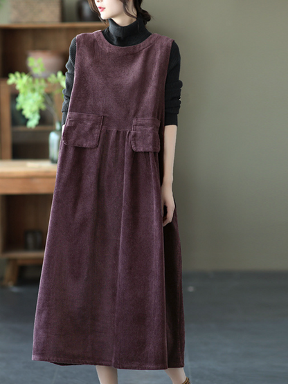 Women's Autumn Corduroy Vest Skirt Loose Sleeveless Strap A-Line Dress