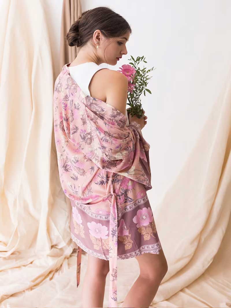 Short Kimono Floral Print Pink Cotton Viscose Short Length Gown Kimono Duster Robe