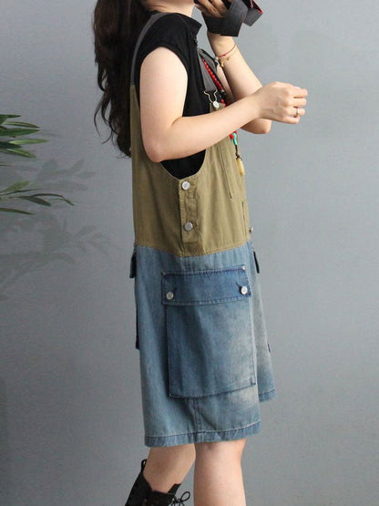 Cargo Pocket Short Dungaress - Color Block Knee-Length Fit