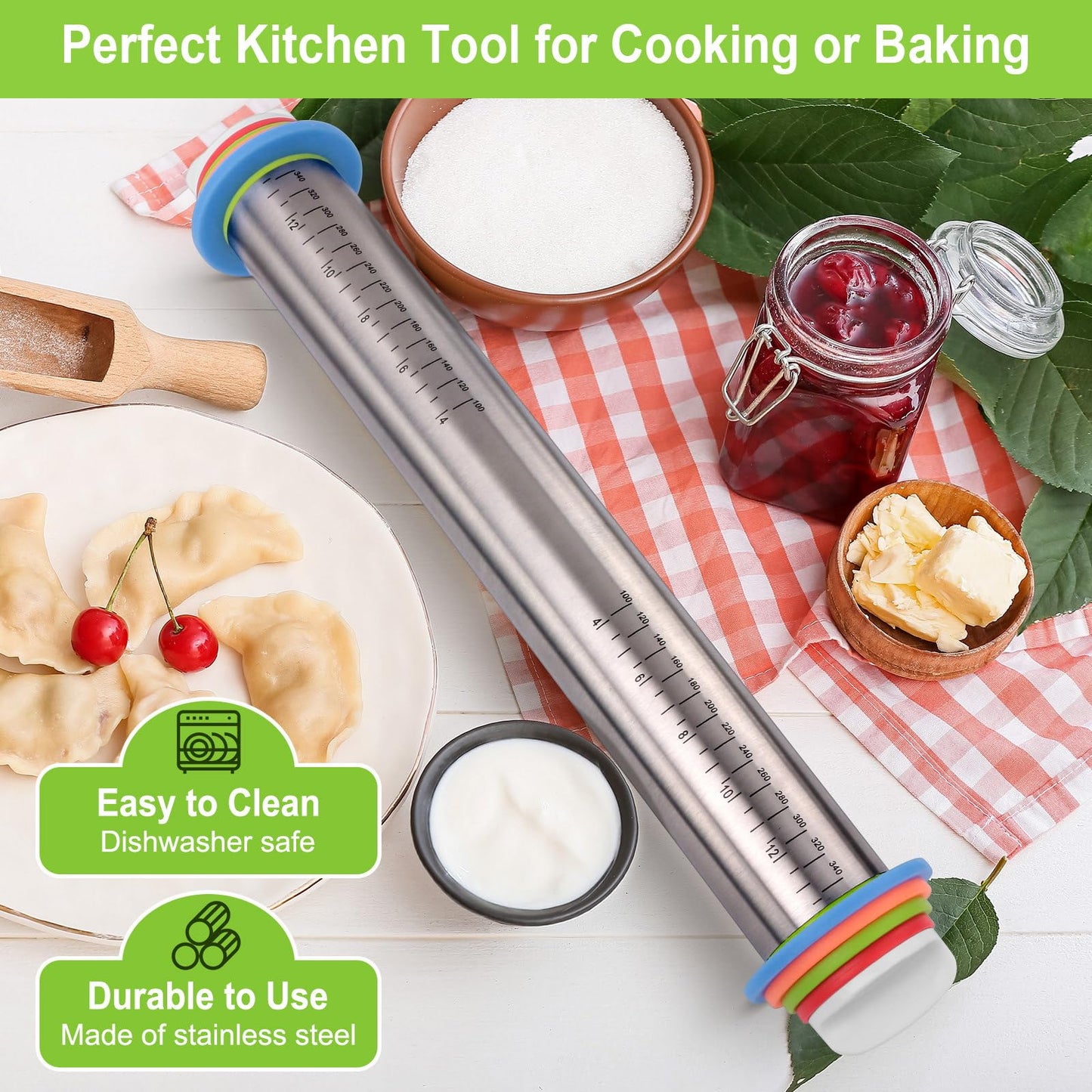 Dailyardtool¬Æ Adjustable Stainless Steel Rolling Pin with Thickness Rings