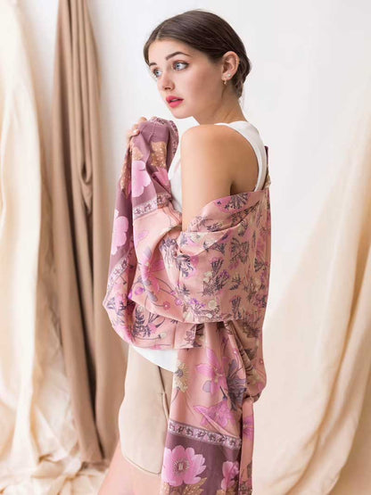 Short Kimono Floral Print Pink Cotton Viscose Short Length Gown Kimono Duster Robe