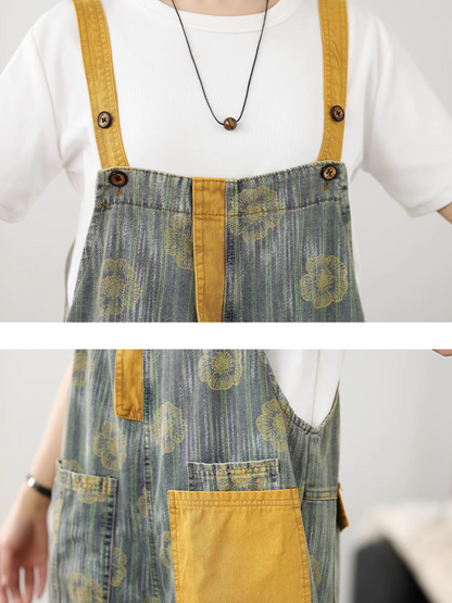 Stylish Women's Vintage-Inspired Printed Denim Dungarees | Eva Trends