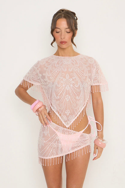 Krissy Beaded Sheer Top | Pink