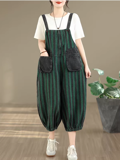 Chic striped cotton-blend harem overalls with patch pockets for women