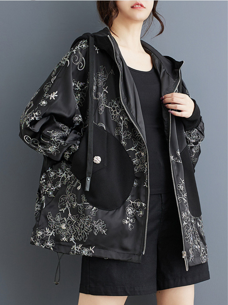 Women's Stylish & Trendy Hooded Embroidery Black Jacket