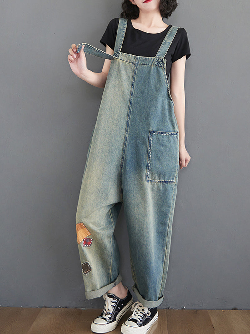 Vintage Wash Denim Dungarees - Artisan Patch Detail