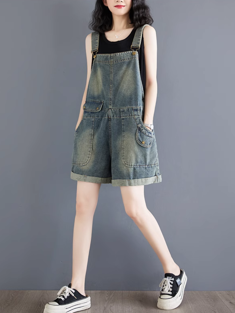 Trendy Women's High-Waist Baggy Denim Overalls Shorts | Eva Trends