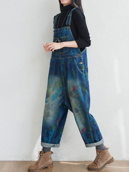 Painted Canvas Denim Dungarees - Relaxed Fit