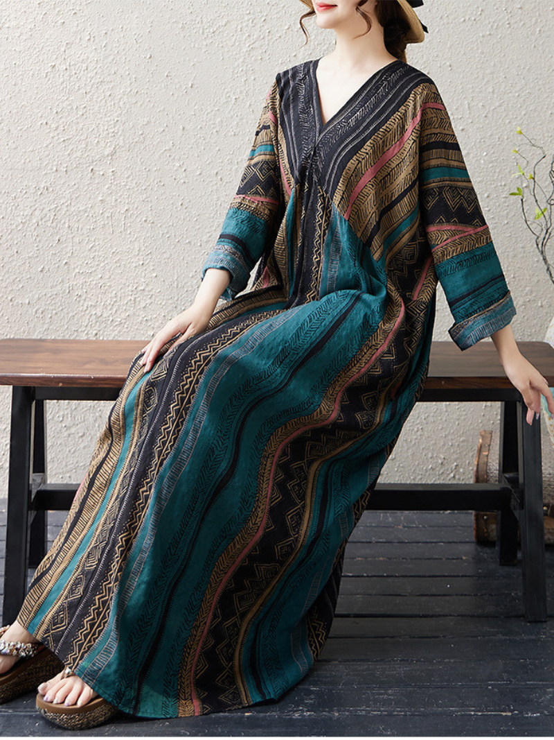 Women's Summer Artistic Linen Printed Loose Kaftan Dress