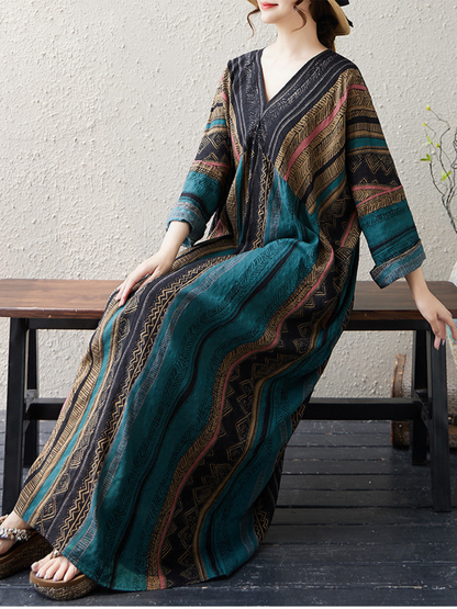 Women's Summer Artistic Linen Printed Loose Kaftan Dress