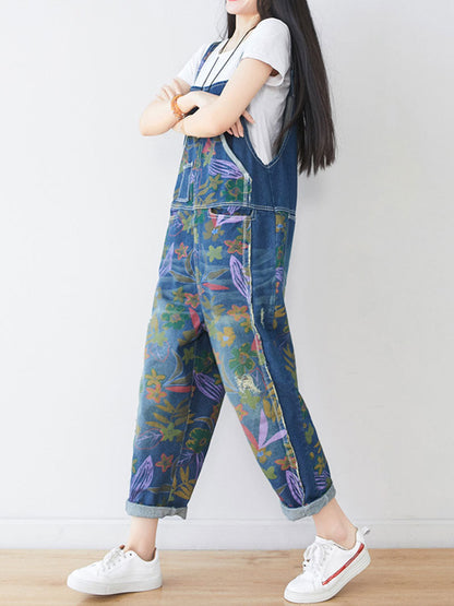 Hand-Painted Botanical Dungarees - Dropped Crotch Tapered Fit