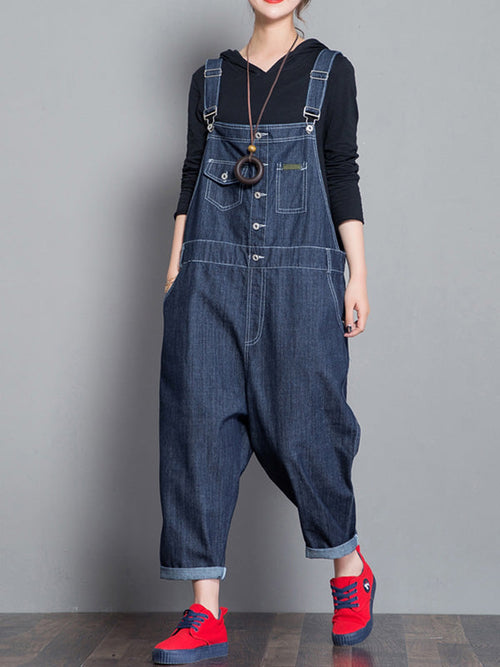 Loose Fit Button Front Denim Dungarees