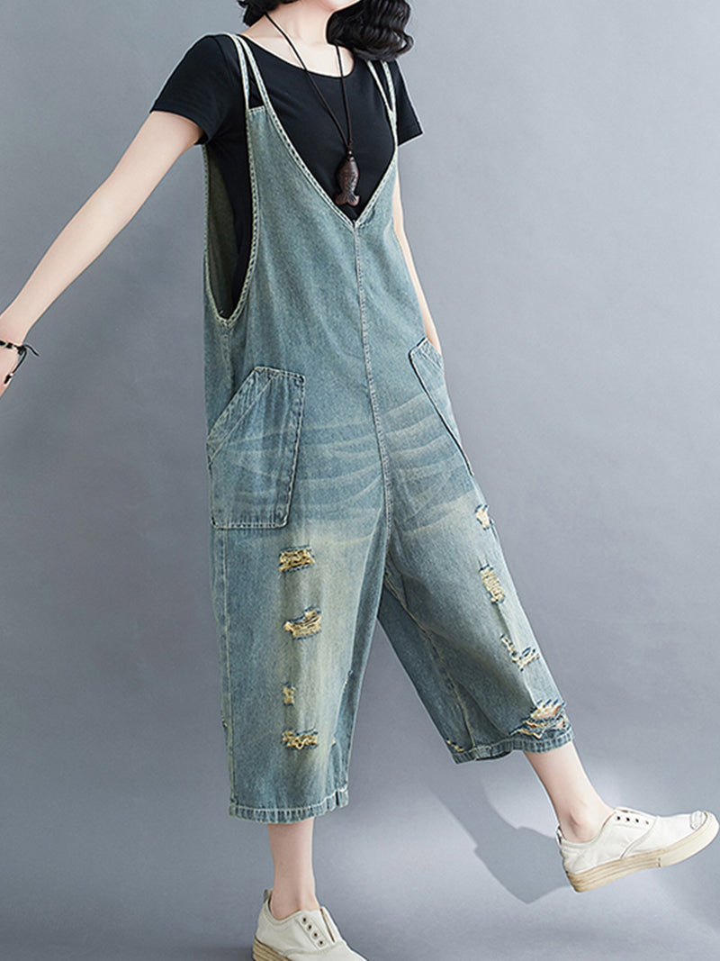 Distressed Denim Romper Dungarees - Large Patch Pocket Design