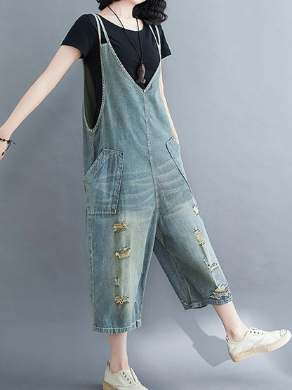 Distressed Denim Romper Dungarees - Large Patch Pocket Design
