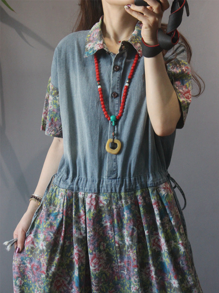 Floral Print Denim Jumpsuit - Elastic Cuff Style