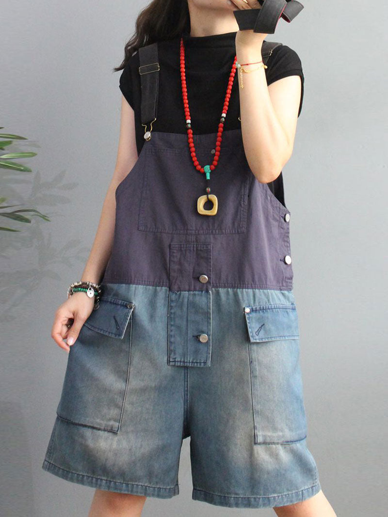 Cargo Pocket Short Dungaress - Color Block Knee-Length Fit