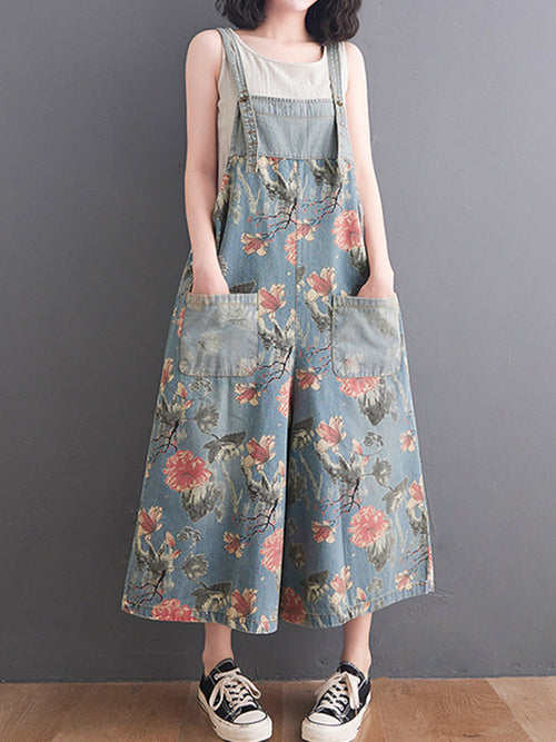 Wide-Leg Floral Denim Jumpsuit - Large Pocket Everyday Fit