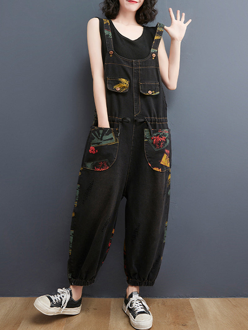 Balloon-Leg Denim Dungarees - Multi-Pocket Patch Print Design