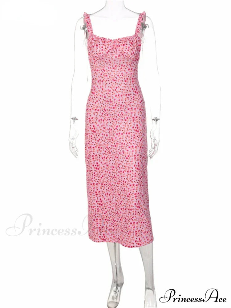 Summer Beach Women's Casual Pink Strap Print Floral Women's Ruched Party Sexy Club Midi Dress