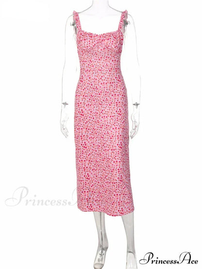 Summer Beach Women's Casual Pink Strap Print Floral Women's Ruched Party Sexy Club Midi Dress
