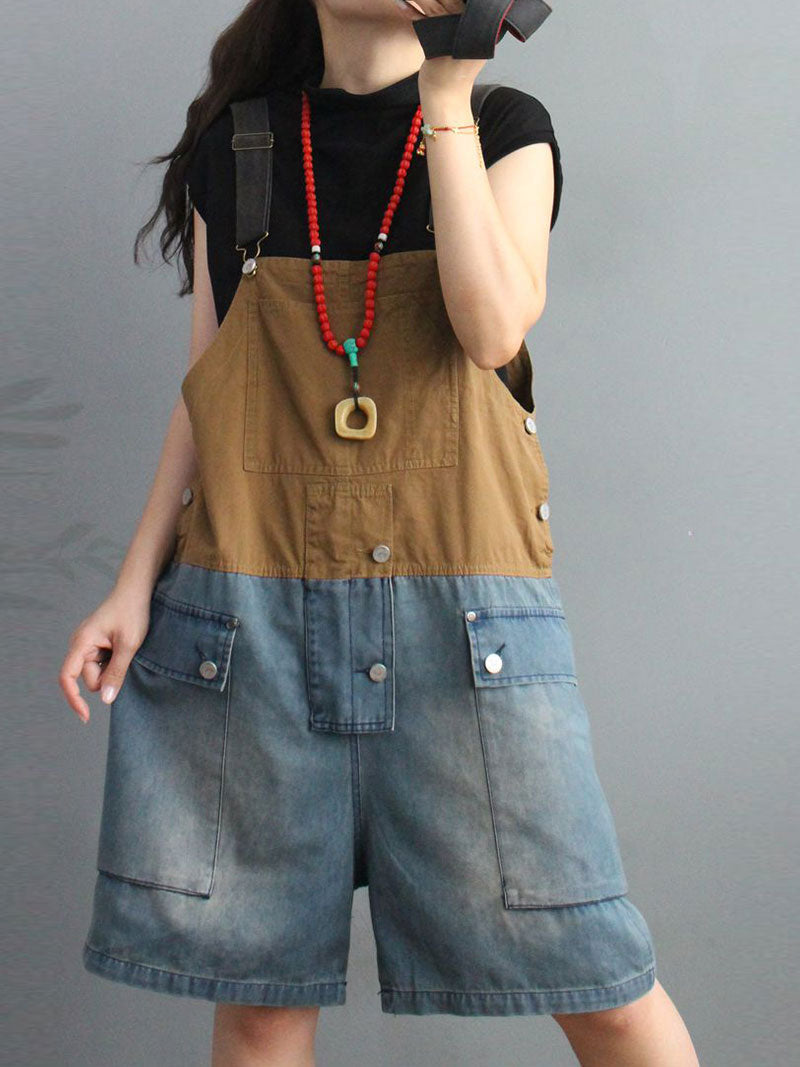 Cargo Pocket Short Dungaress - Color Block Knee-Length Fit
