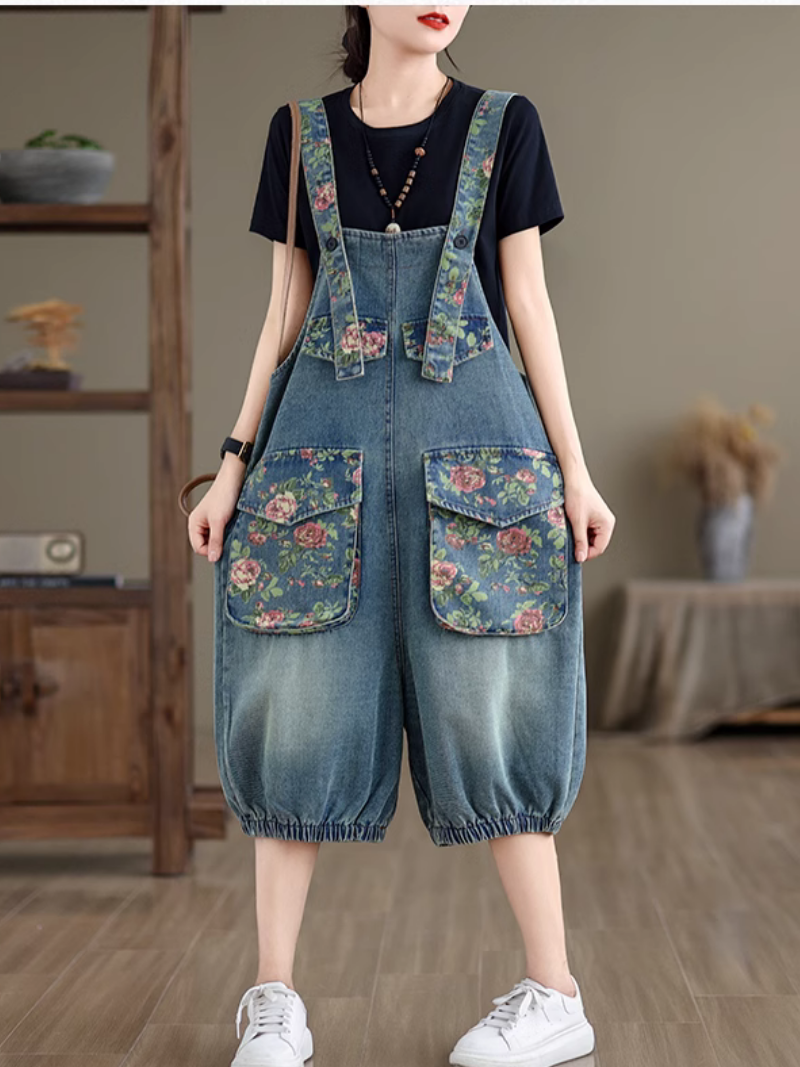 Loose Fit Rose Print Denim Dungarees with Elastic Hem
