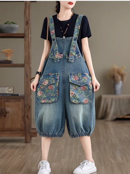 Loose Fit Rose Print Denim Dungarees with Elastic Hem