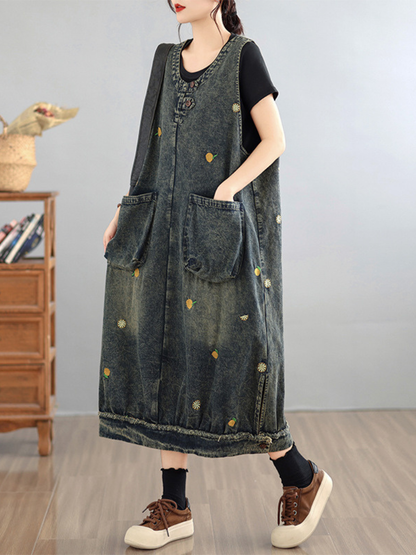 Everyday Ease Denim Dress — Artful Embroidery, Effortless Fit and Pockets