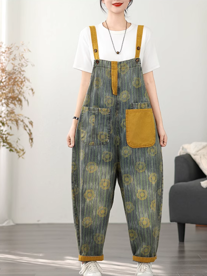 Stylish Women's Vintage-Inspired Printed Denim Dungarees | Eva Trends