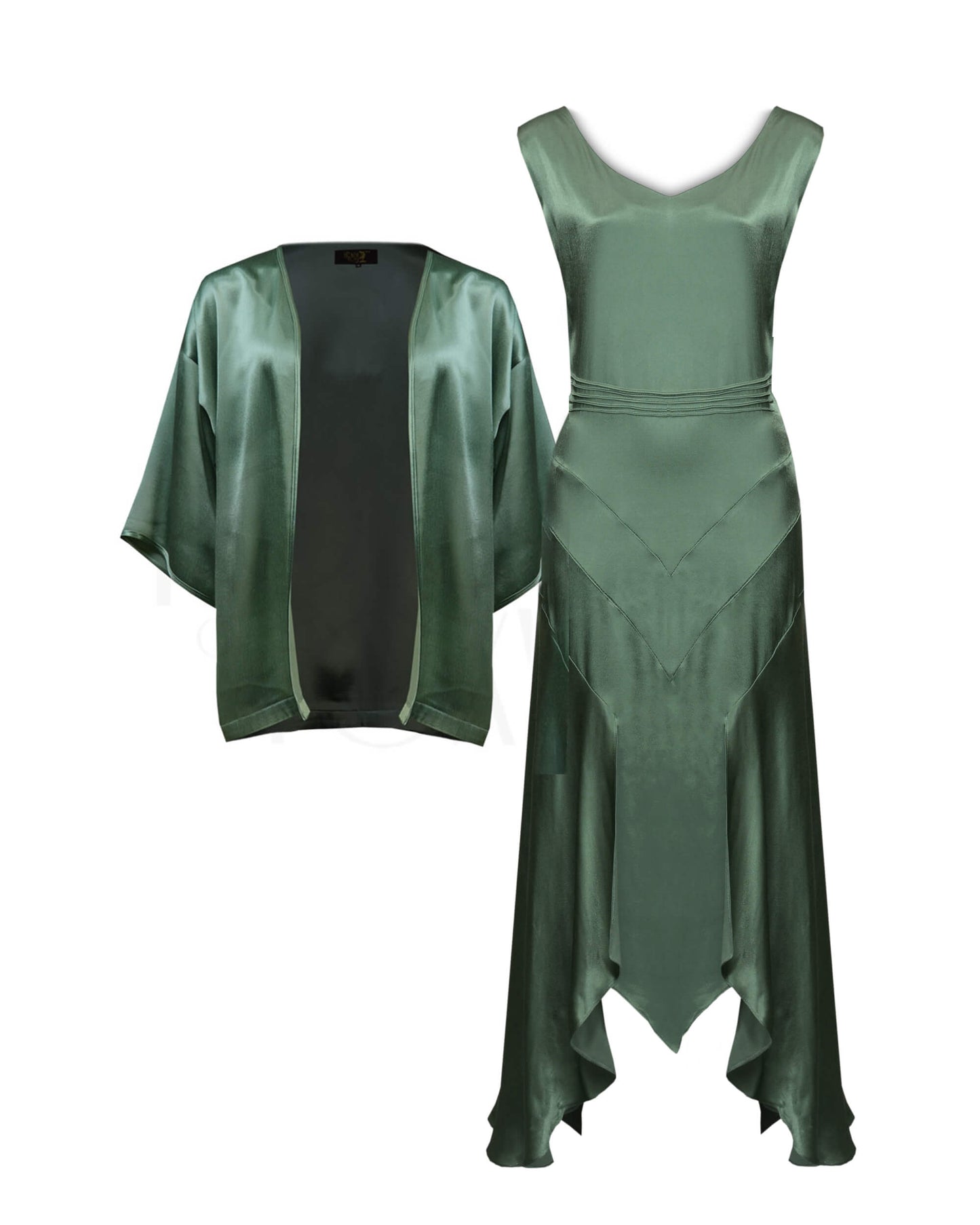 1920s Sheba Evening Gown Set - Sage Satin