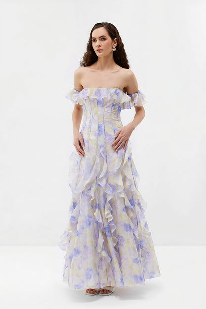 Sheer Ruffle Off Shoulder Beach Maxi Dress