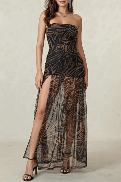 Strapless Zebra Sheer Slit Maxi Dress