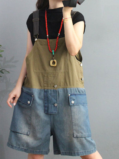 Cargo Pocket Short Dungaress - Color Block Knee-Length Fit
