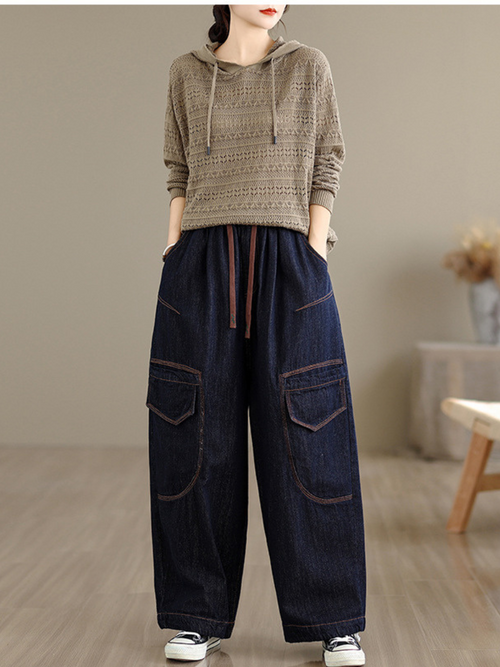 Artful Wide-Leg Denim Pants with Oversized Pockets and Drawstring Waist