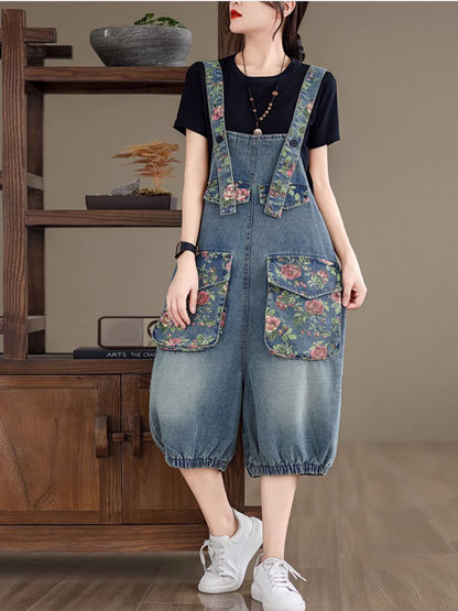 Loose Fit Rose Print Denim Dungarees with Elastic Hem