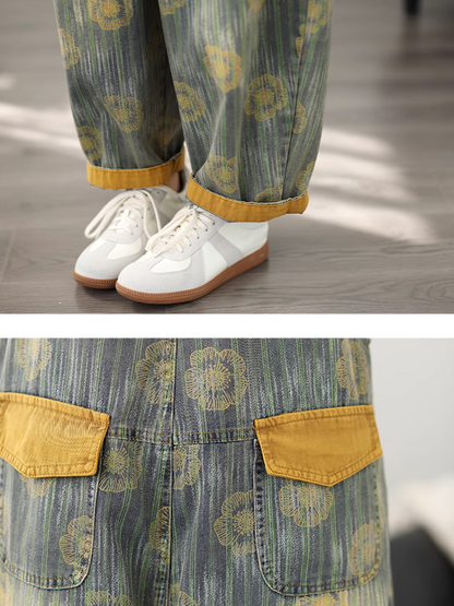 Stylish Women's Vintage-Inspired Printed Denim Dungarees | Eva Trends
