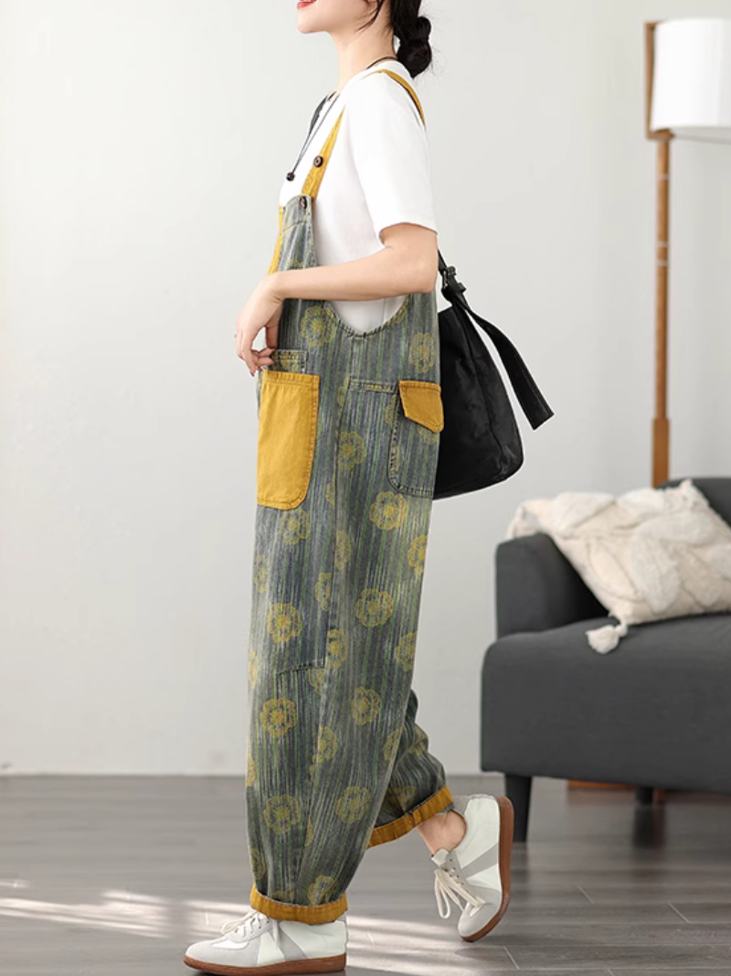 Stylish Women's Vintage-Inspired Printed Denim Dungarees | Eva Trends