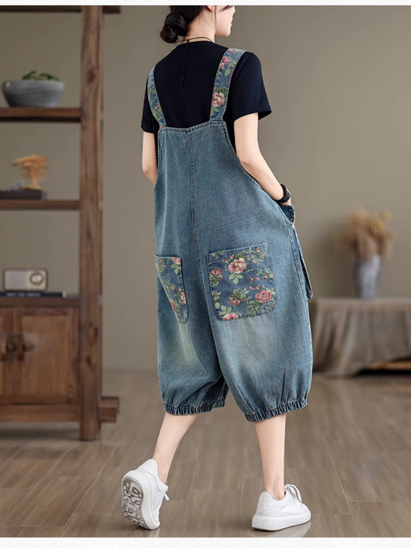 Loose Fit Rose Print Denim Dungarees with Elastic Hem