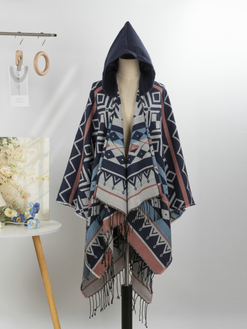Cozy Weekend Hooded Poncho — Geometric Wrap with Effortless Fit