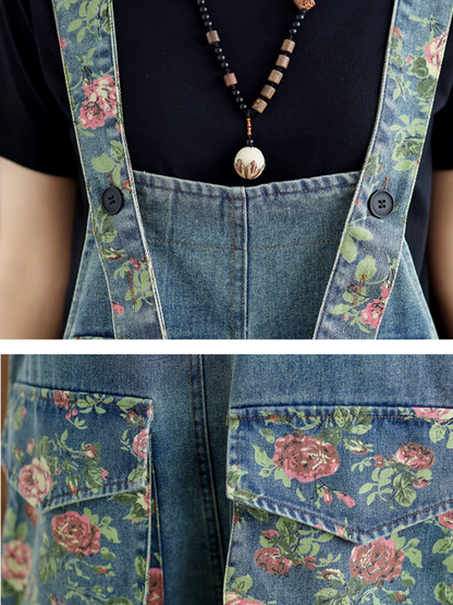 Loose Fit Rose Print Denim Dungarees with Elastic Hem