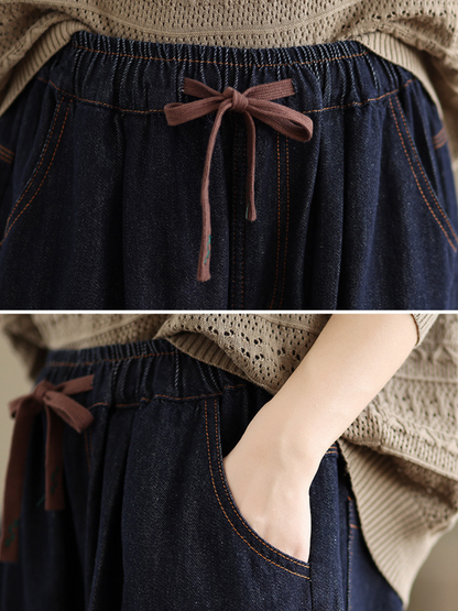Artful Wide-Leg Denim Pants with Oversized Pockets and Drawstring Waist
