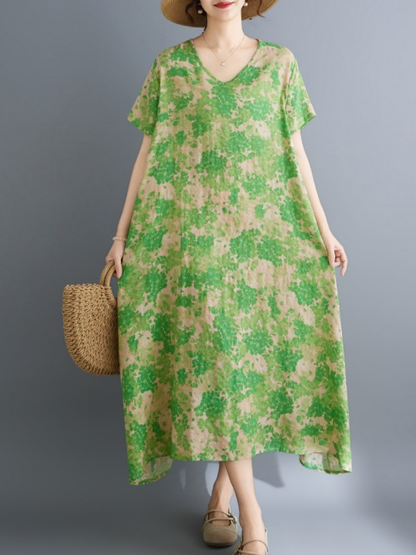 Airy Trapeze Cotton Summer Dress with Artful Print and V‑Neck