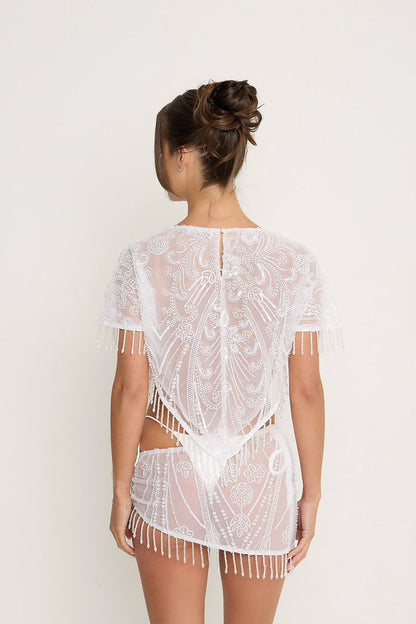 Krissy Beaded Sheer Top | White