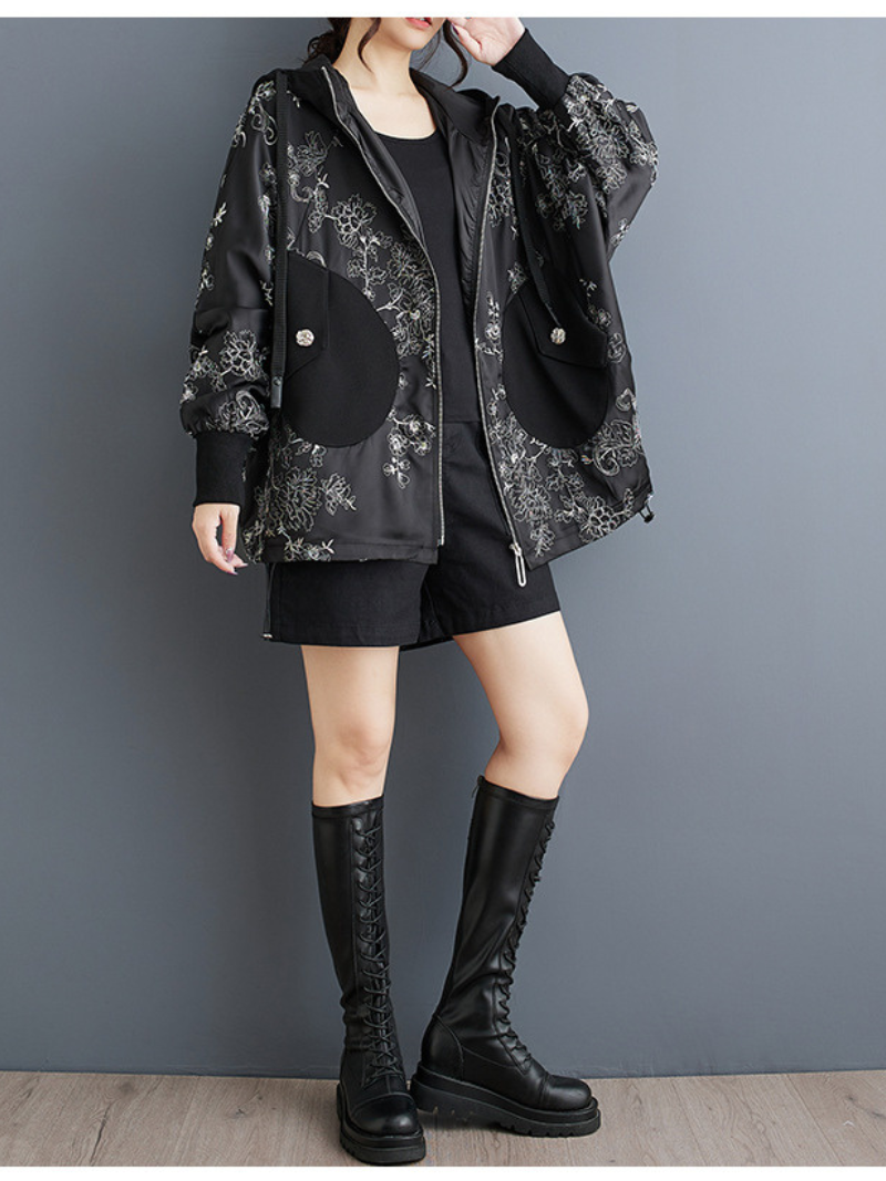 Women's Stylish & Trendy Hooded Embroidery Black Jacket
