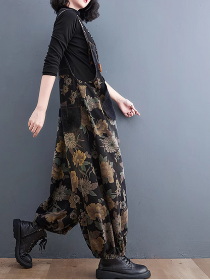 Casual Black Floral Print Women's Overalls with Side Pockets