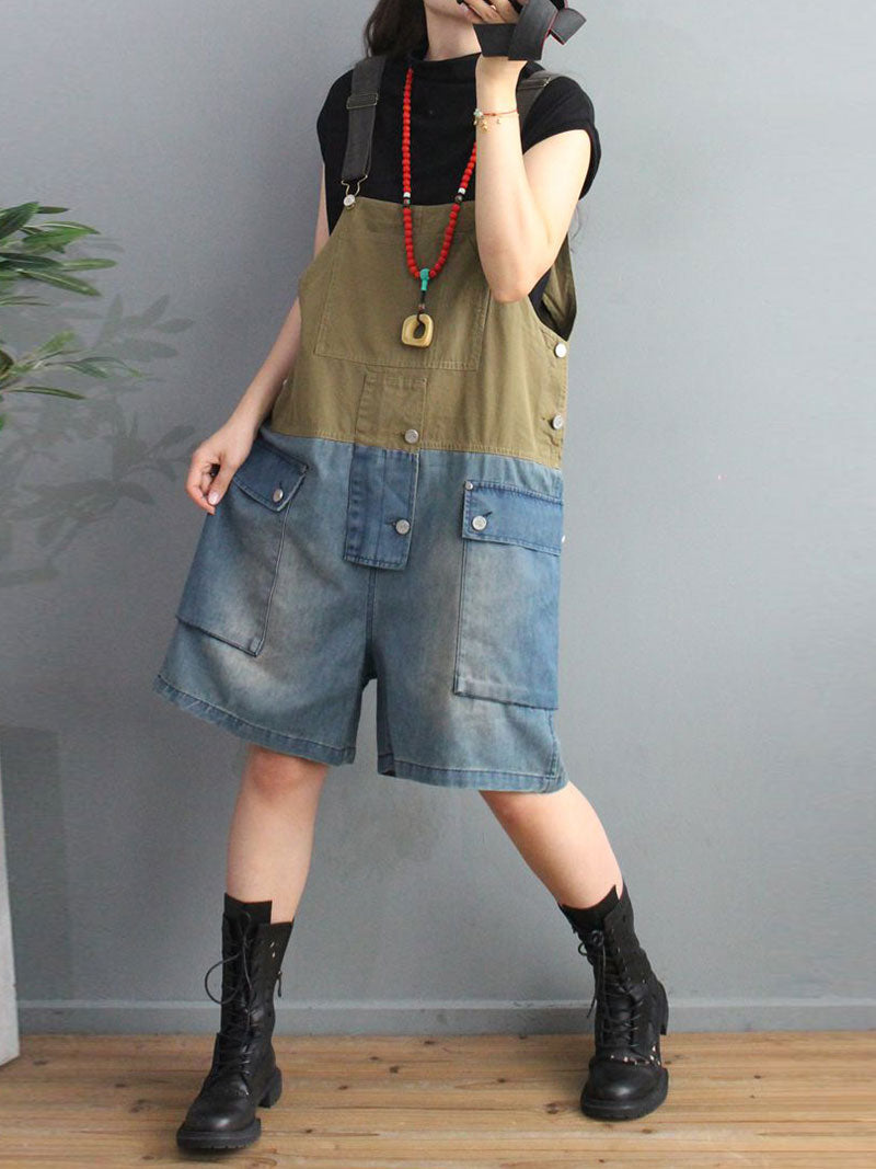 Cargo Pocket Short Dungaress - Color Block Knee-Length Fit
