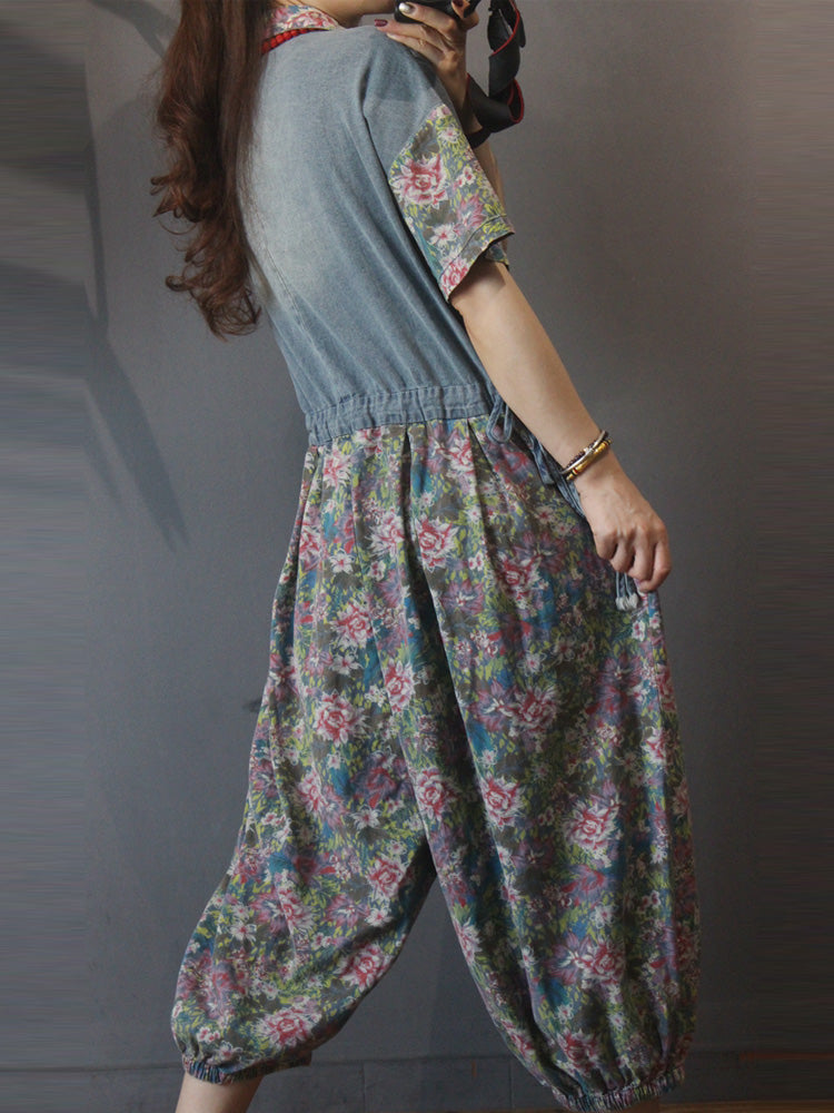 Floral Print Denim Jumpsuit - Elastic Cuff Style