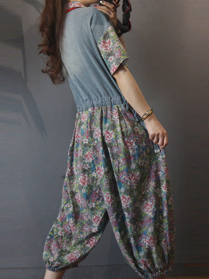 Floral Print Denim Jumpsuit - Elastic Cuff Style
