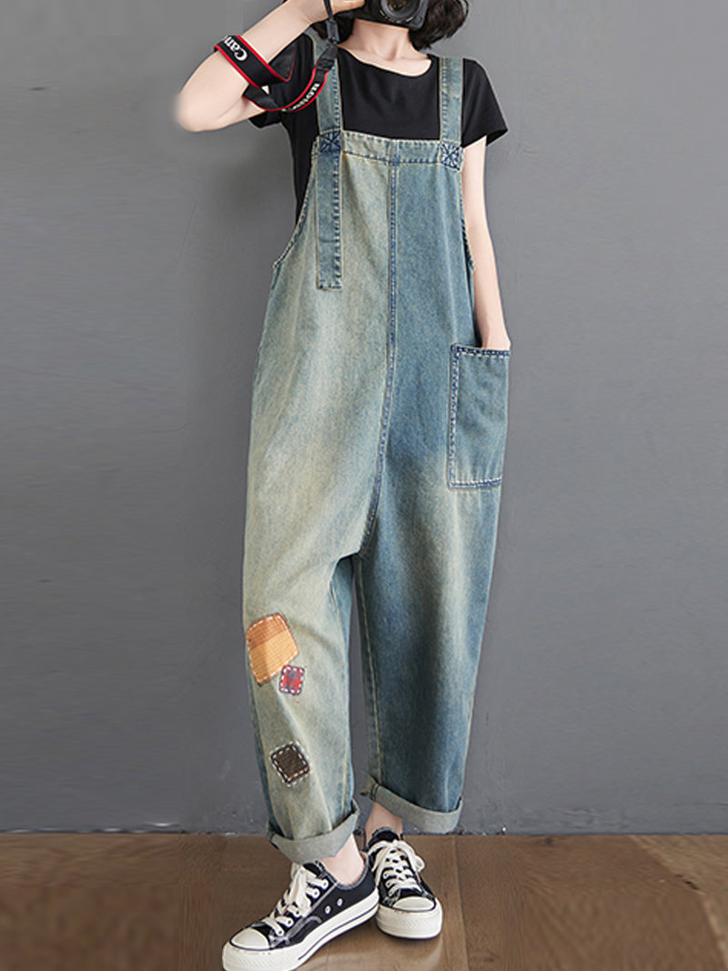 Vintage Wash Denim Dungarees - Artisan Patch Detail